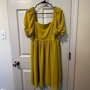 Chartreuse Floaty Dress with Puff Sleeves